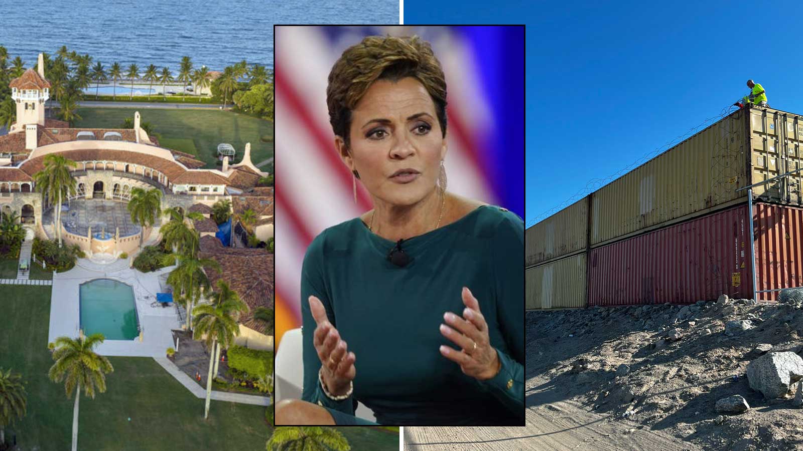 (Mar-A-Lago and Kari Lake: AP Photos; Shipping container border wall: Twitter Photo/@DougDucey)...