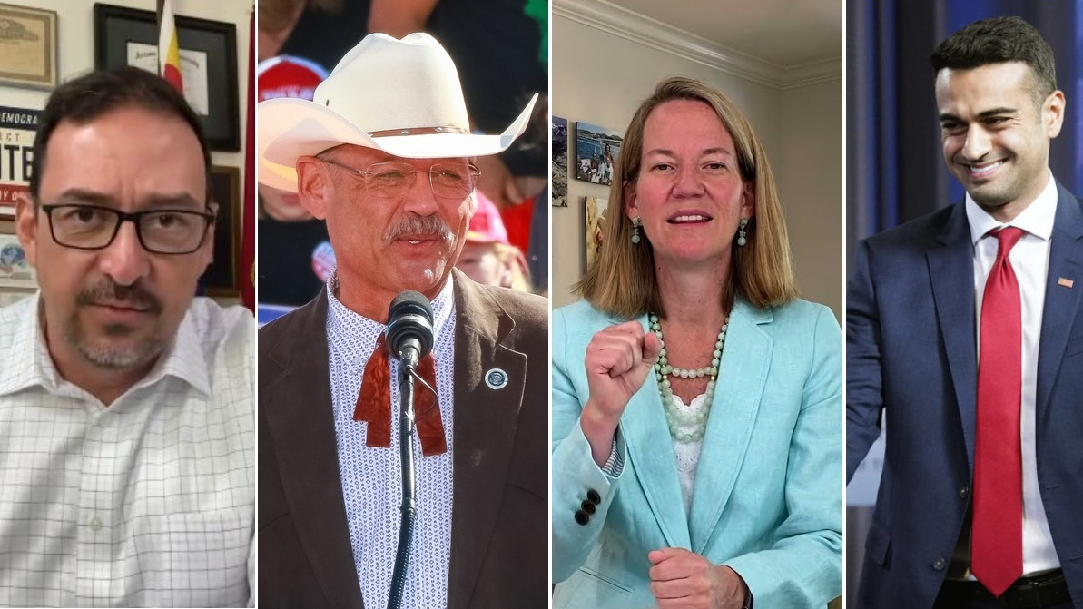 From left, Arizona Secretary of State candidates Adrian Fontes and state Rep. Mark Finchem (Faceboo...