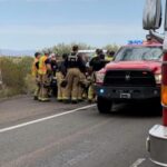 Hazmat crews respond after a semi-truck carrying fuel rolled over on Interstate 10 near Tonopah, Arizona, and started leaking on Tuesday, Aug. 22, 2023. 