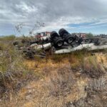 A semi-truck carrying fuel rolled over on Interstate 10 near Tonopah, Arizona, and started leaking on Tuesday, Aug. 22, 2023. 