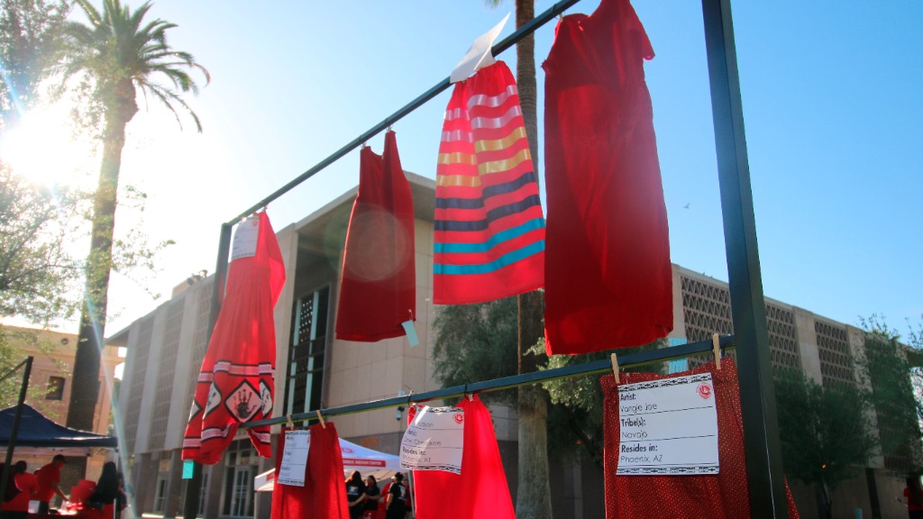 Red skirts are on display at the Arizona State Capitol in Phoenix, May 5, 2021, to raise awareness ...