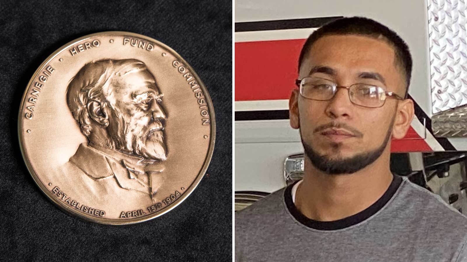 Photos of the Carnegie Medal and Mesa's Jonathon Baez, was selected to receive the prestigious awar...