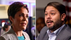 Video shows Kari Lake and Ruben Gallego debating near Phoenix airport restroom