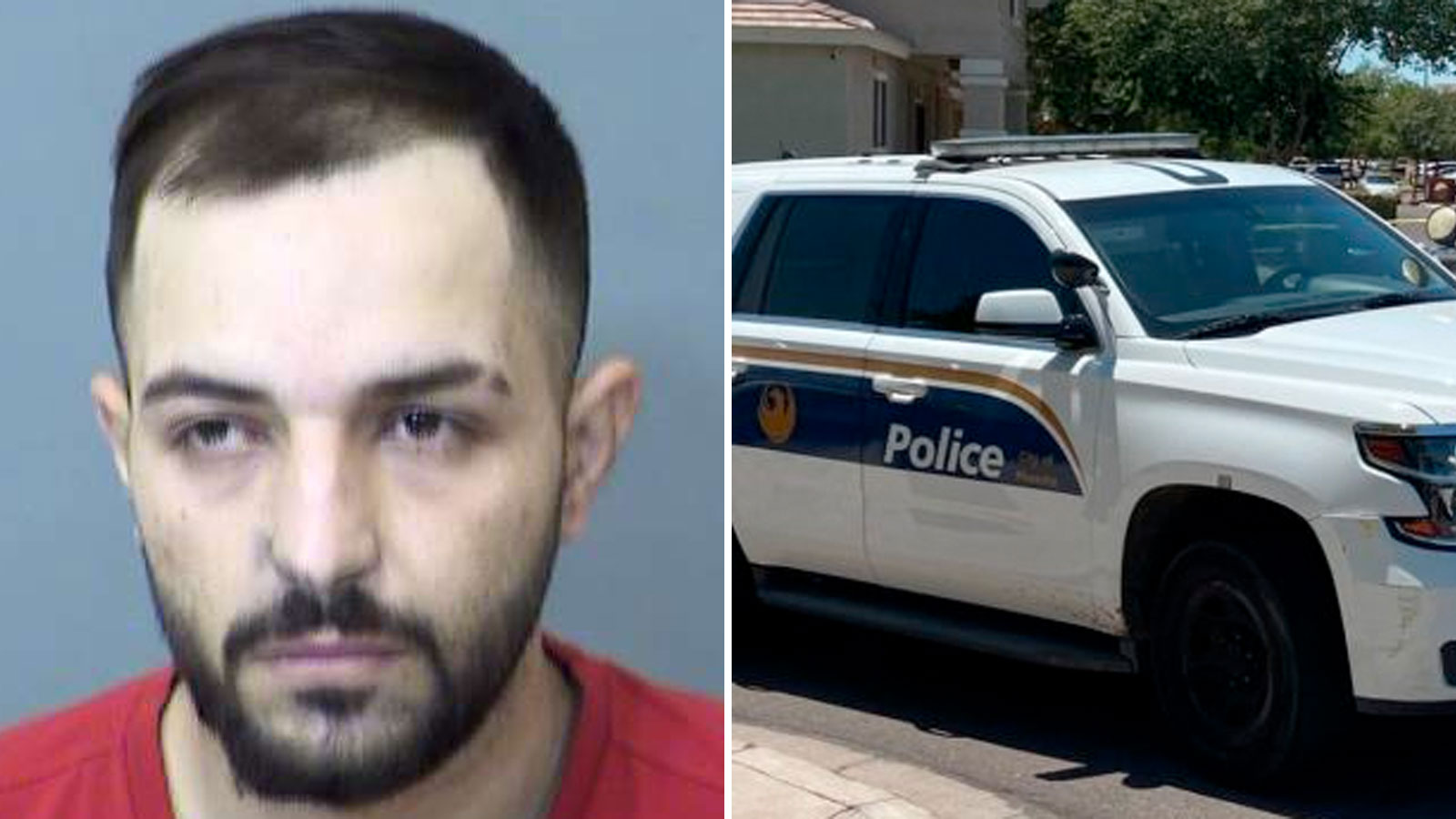 Mugshot of drive-by shooting suspect Aly Faysaly in a split panel photo with a Phoenix police suv...