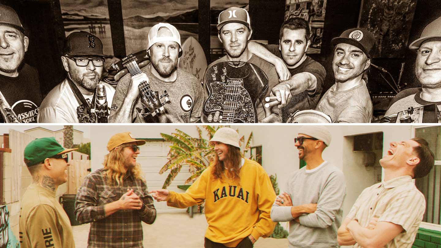 Split panel image showing the members of Slightly Stupid across the top and Dirty Heads across the ...
