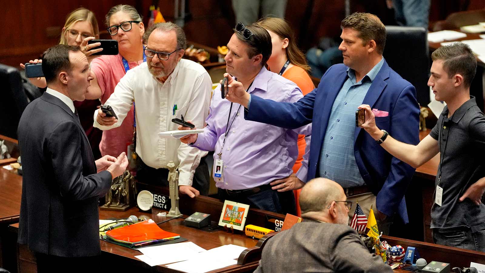 Arizona state Rep. Matt Gress speaks to reporters about the abortion ban repeal proposal on Wednesd...