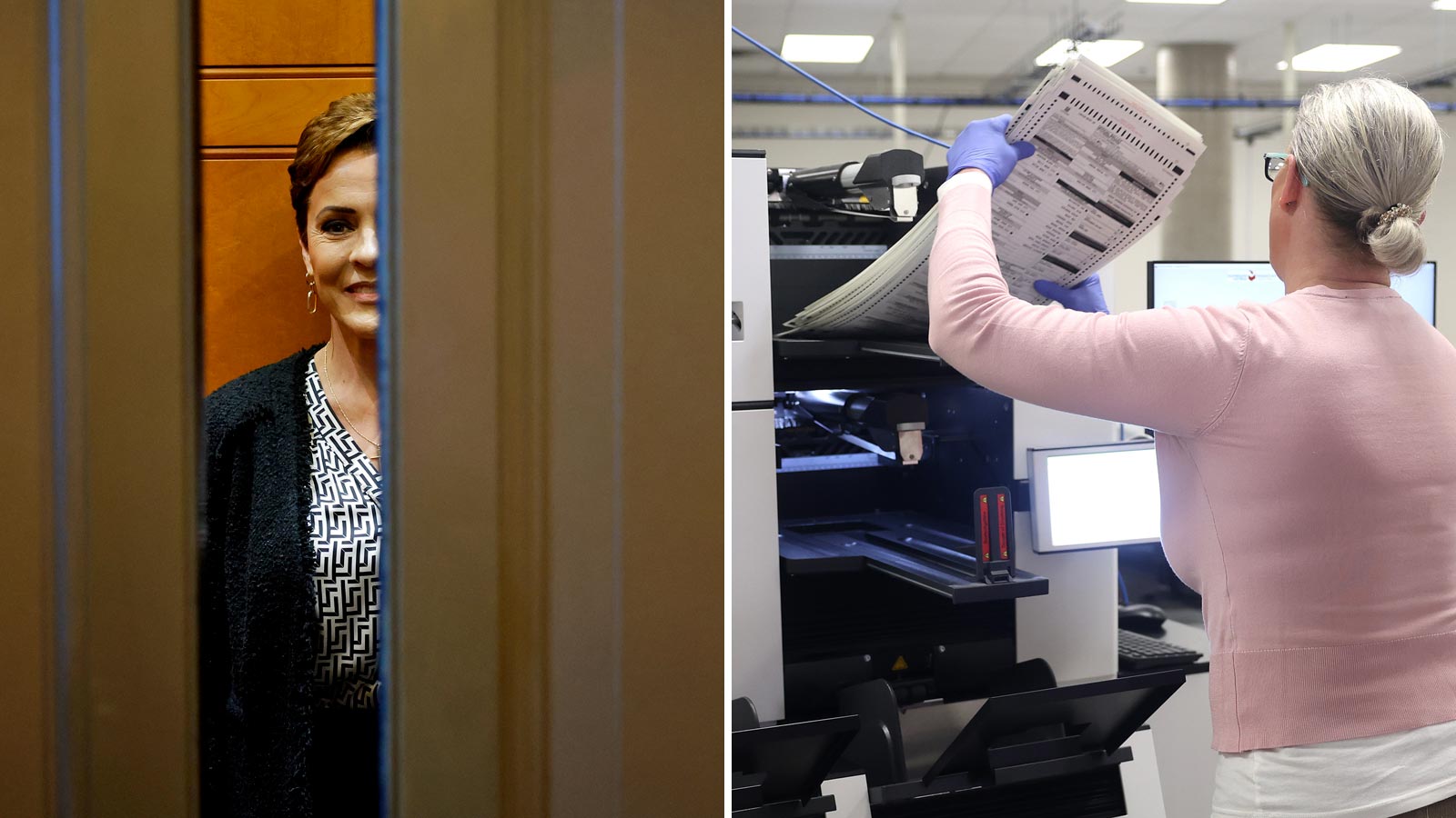 Split image of Kari Lake on the left behind closing elevator doors and a Maricopa County elections ...