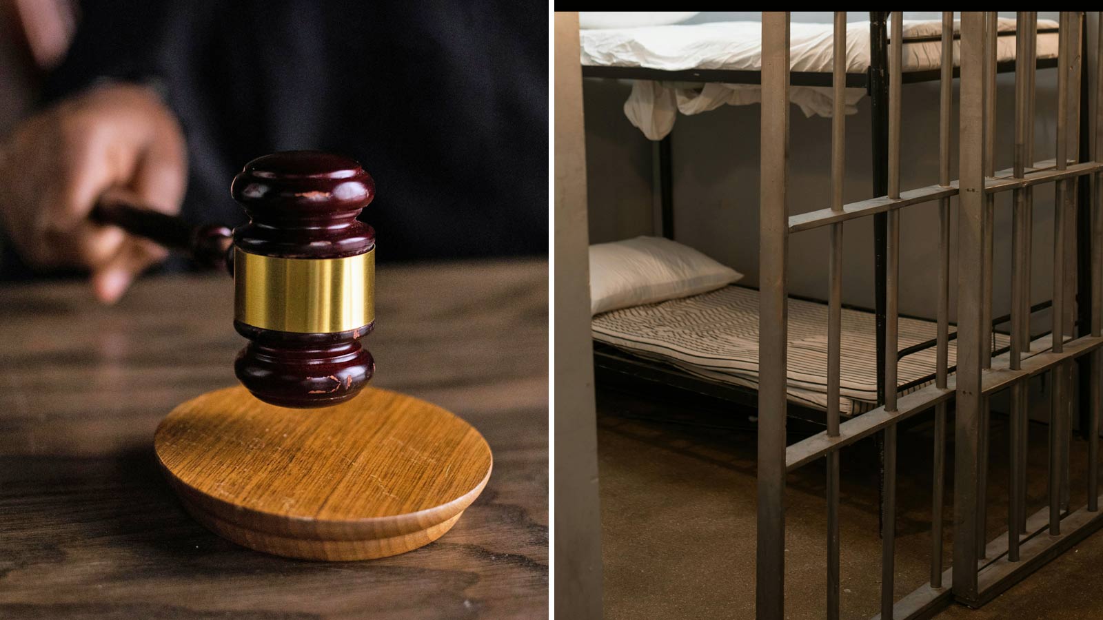 Split image of stock photos showing a judge hammering down a gavel on the left and a prison cell on...
