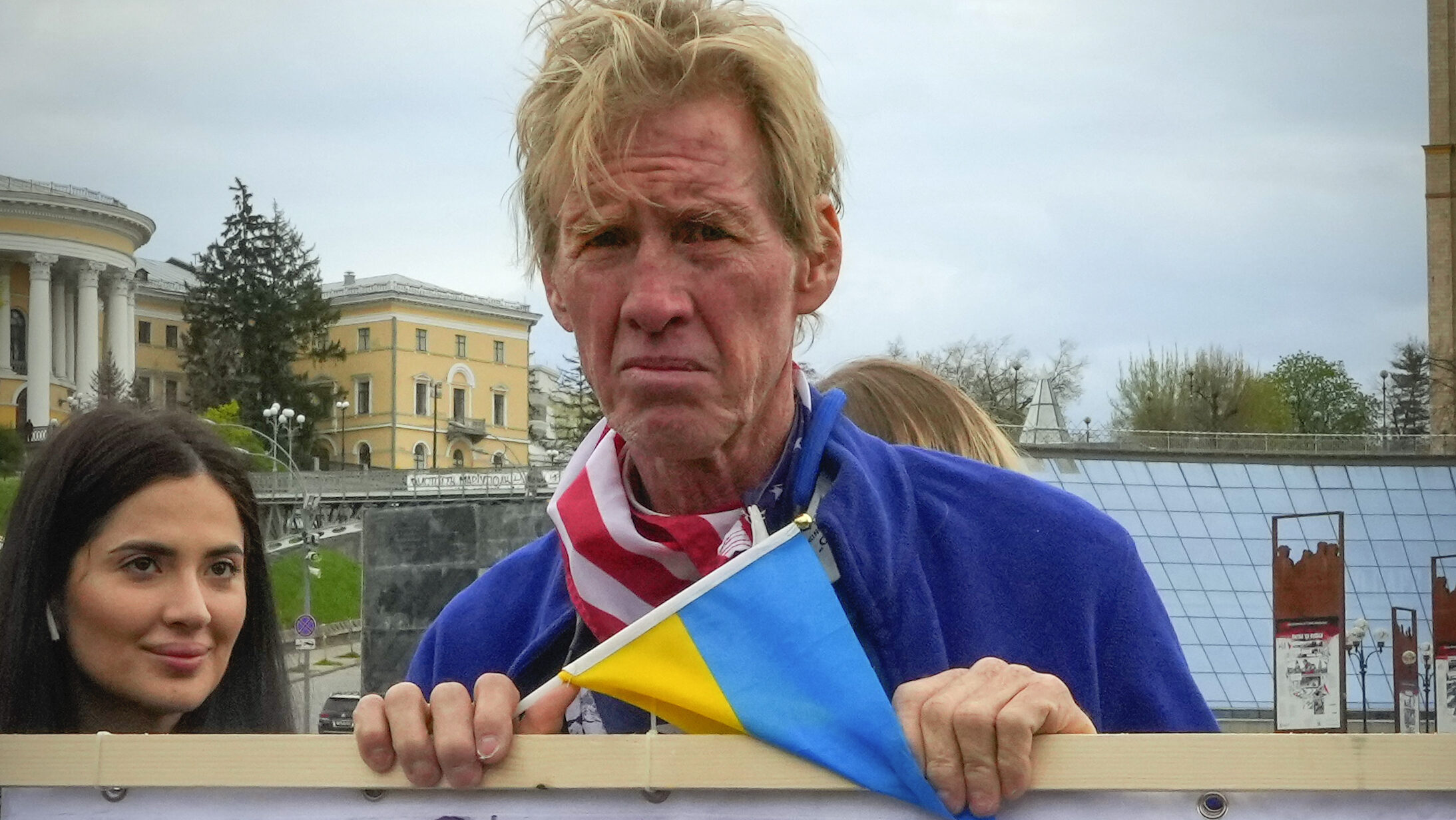 Ryan Wesley Routh takes part in a rally in central Kyiv, Ukraine, Saturday, April 30, 2022. (AP Pho...