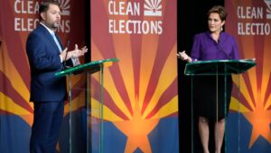 Ruben Gallego, Kari Lake spar on border, abortion in Arizona US Senate debate