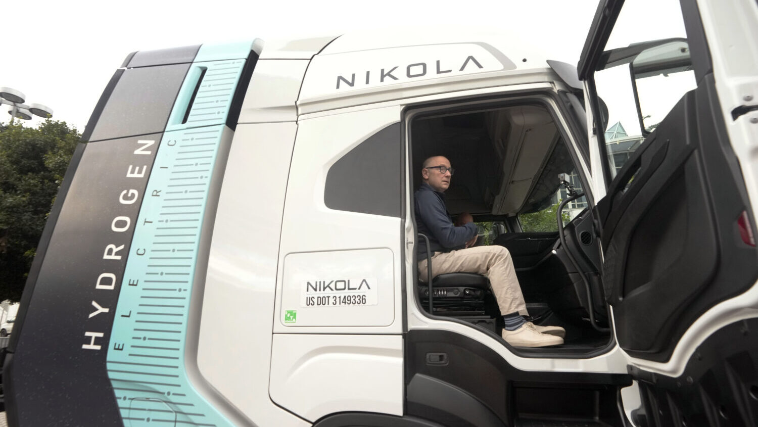 Stephen Girsky, CEO of Nikola Corp., sits in one of the company's trucks during the LA Auto Show, T...