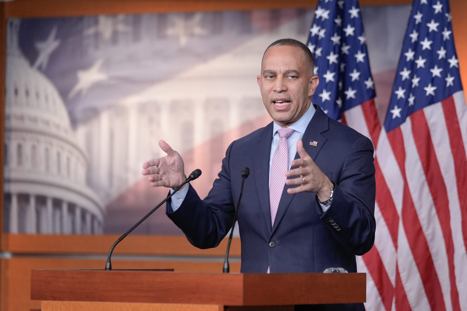 House Minority Leader Hakeem Jeffries, D-N.Y., speaks during a news conference on Capitol Hill, Mon...