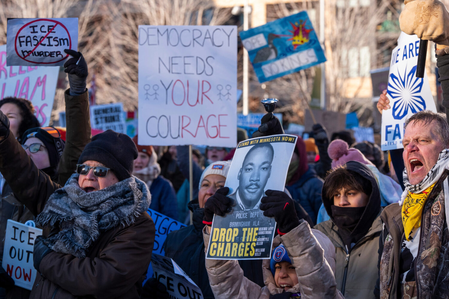 People gather in The Commons after a protest march, Friday, Jan. 30, 2026, in Minneapolis. (AP Phot...