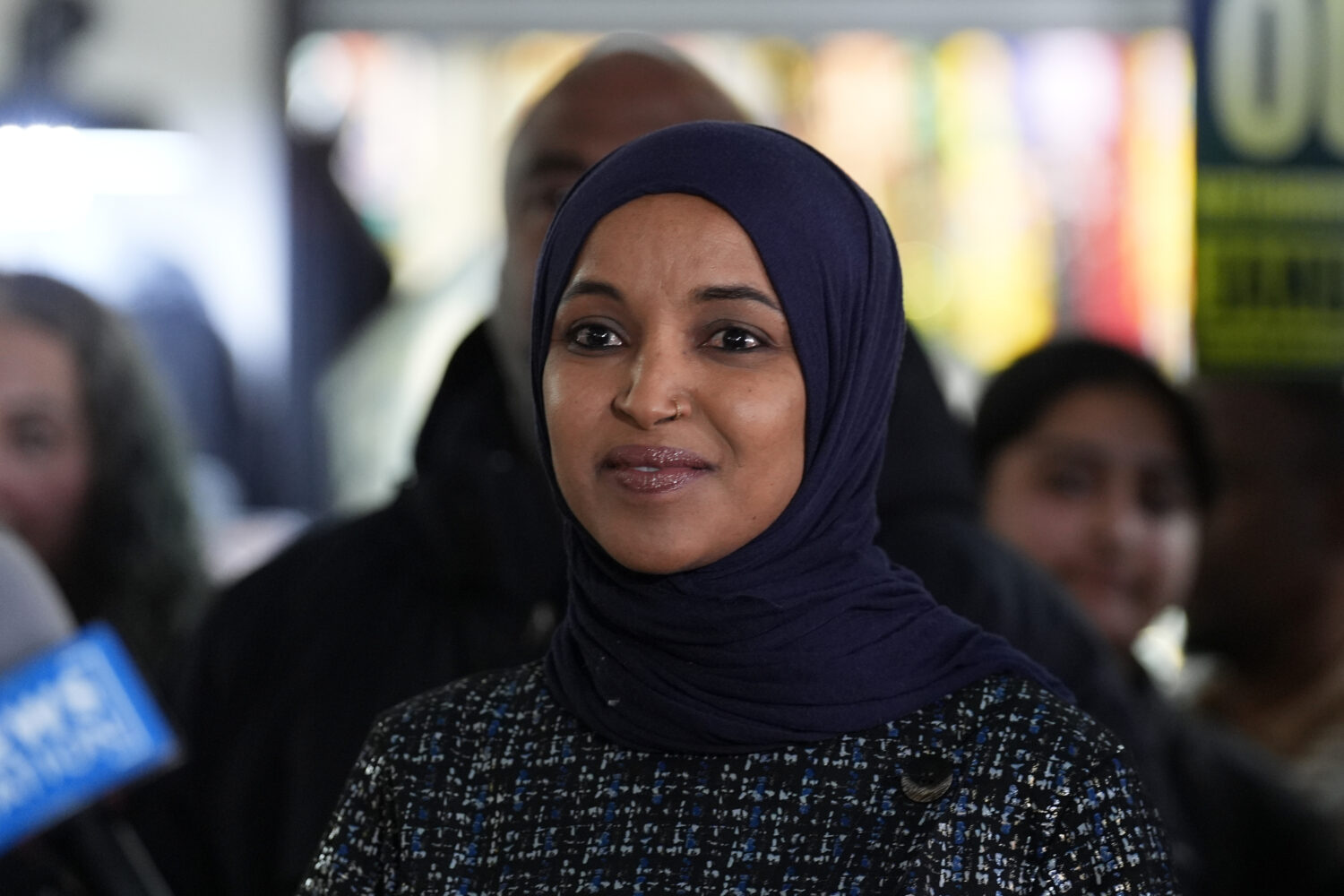 Rep. Ilhan Omar, D-Minn., stands during a press conference on Wednesday, Jan. 28, 2026, in Minneapo...