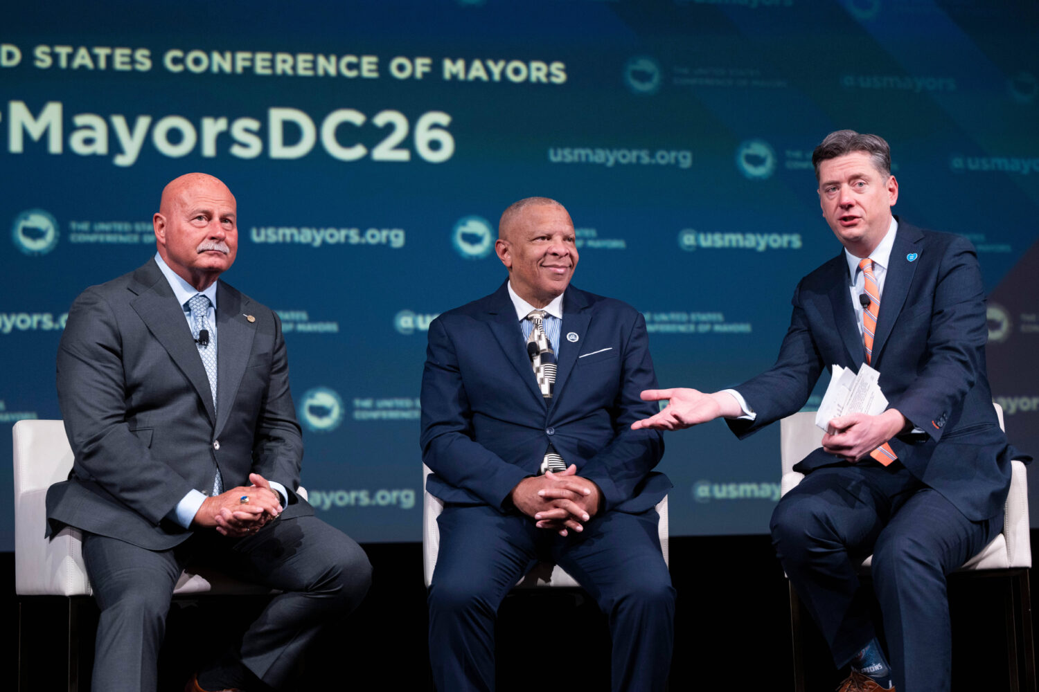 Oklahoma City Mayor David Holt, right, speaks during a panel discussion with Fresno, Calif. Mayor J...