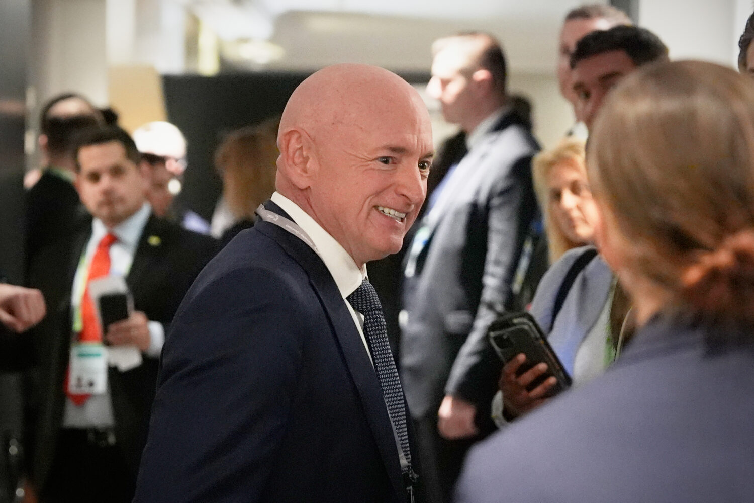 Sen. Mark Kelly, D-Ariz. arrives before a meeting between U.S. Secretary of State Marco Rubio and S...
