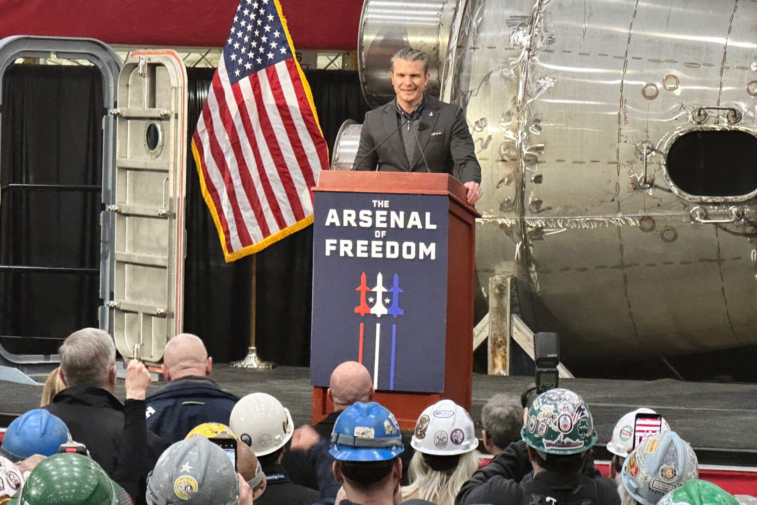 Defense Secretary Pete Hegseth speaks at the Bath Iron Works in Bath, Maine, Monday, Feb. 9, 2026. ...