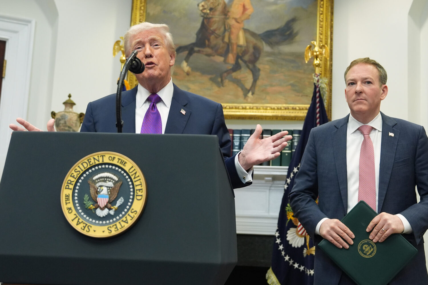President Donald Trump speaks during an event with Environmental Protection Agency director Lee Zel...