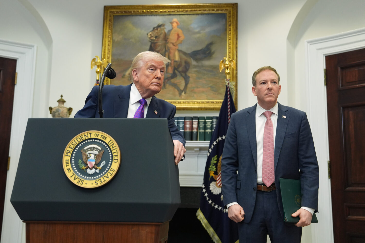 President Donald Trump listens to a question from a reporter during an event with Environmental Pro...