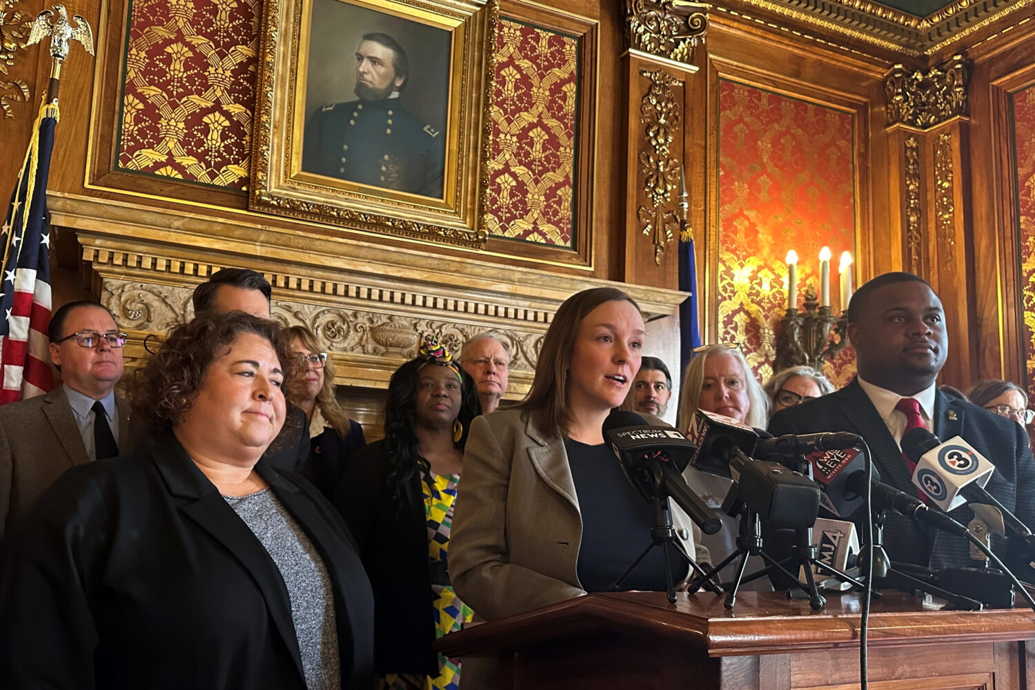 Democratic Wisconsin Assembly Minority Leader Greta Neubauer, surrounded by Democratic colleagues, ...