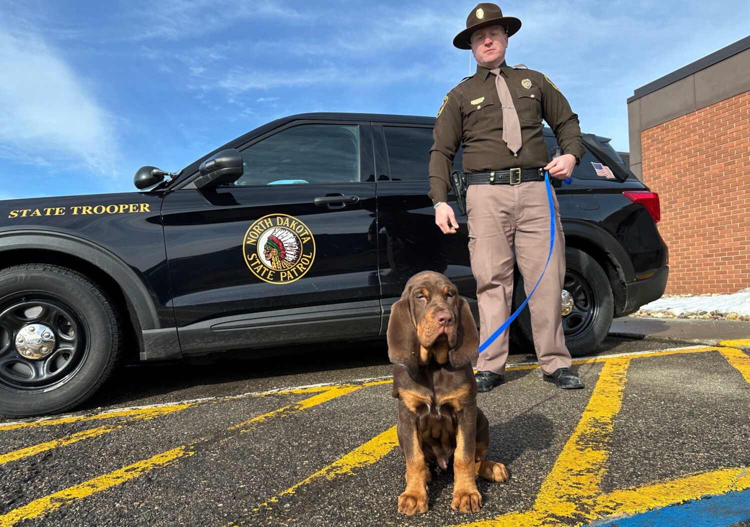 North Dakota Highway Patrol Trooper Dustin Pattengale and Beau, a bloodhound puppy, pose for a phot...
