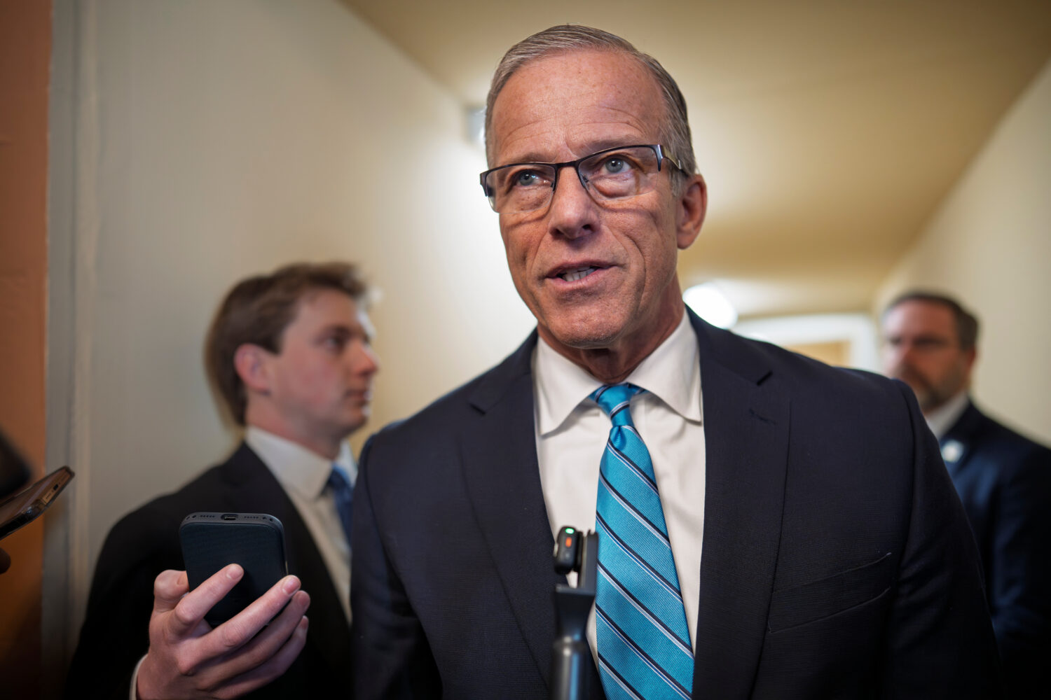 Senate Majority Leader John Thune, R-S.D., talks to reporters about a funding bill to end the shutd...
