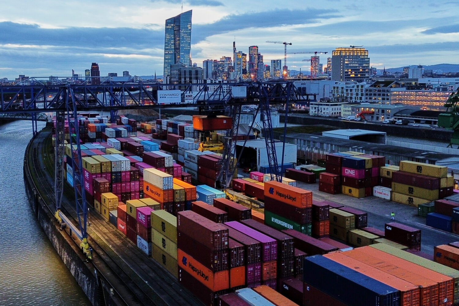 Containers are stored in a cargo terminal in Frankfurt, Germany, Monday, Feb. 23, 2026. (AP Photo/M...