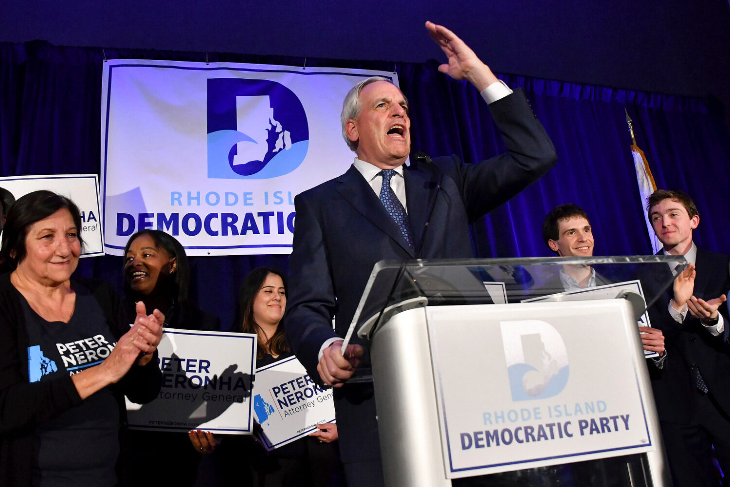 FILE - Attorney General Peter Neronha gives a victory speech after winning a second term, during an...