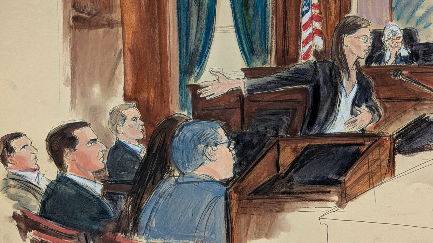 FILE - In this courtroom sketch, assistant U.S. Attorney Madison Smyser gestures to Alon Alexander,...
