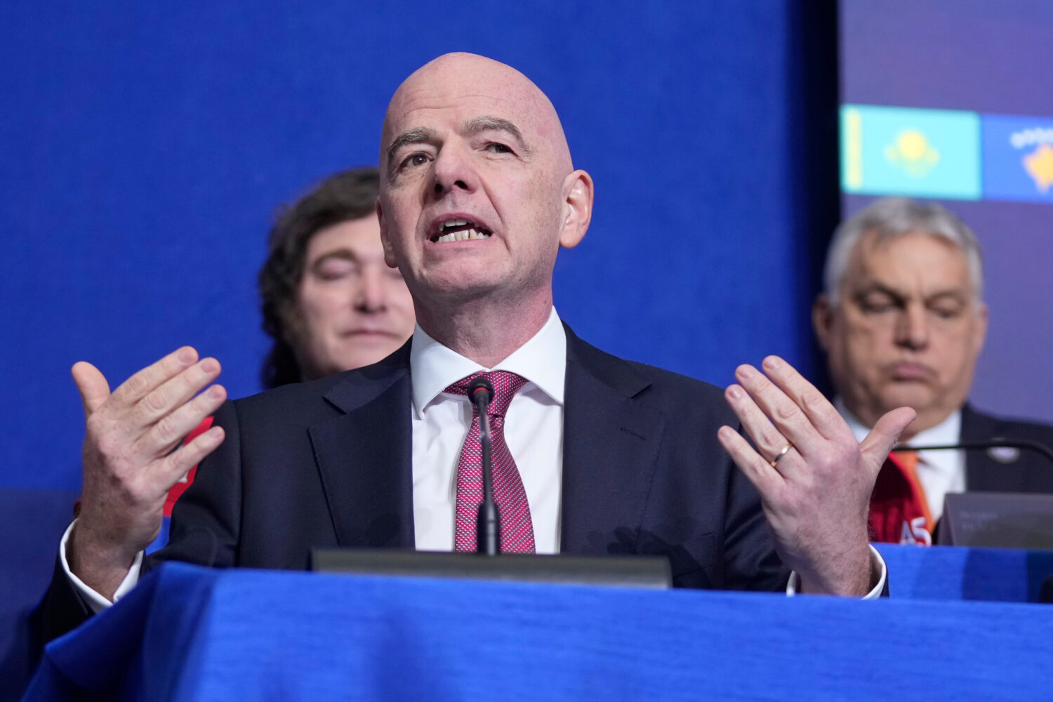 FIFA President Gianni Infantino speaks during a Board of Peace meeting at the U.S. Institute of Pea...