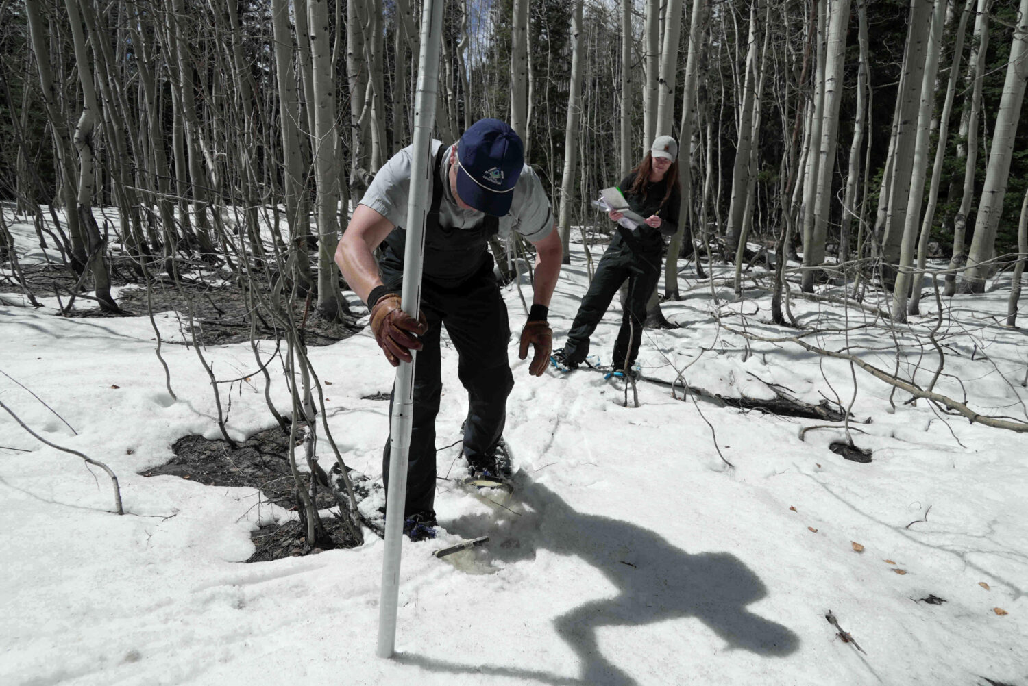 Clinton Whitten and hydrologist Maureen Gutsch, back, measure snow, Monday, March 30, 2026, in Krem...