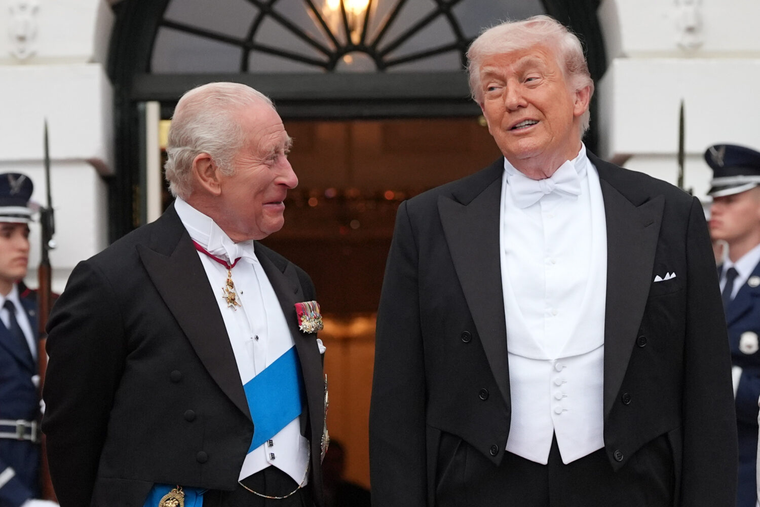 President Donald Trump greets Britain's King Charles III at the South Portico of the White House fo...