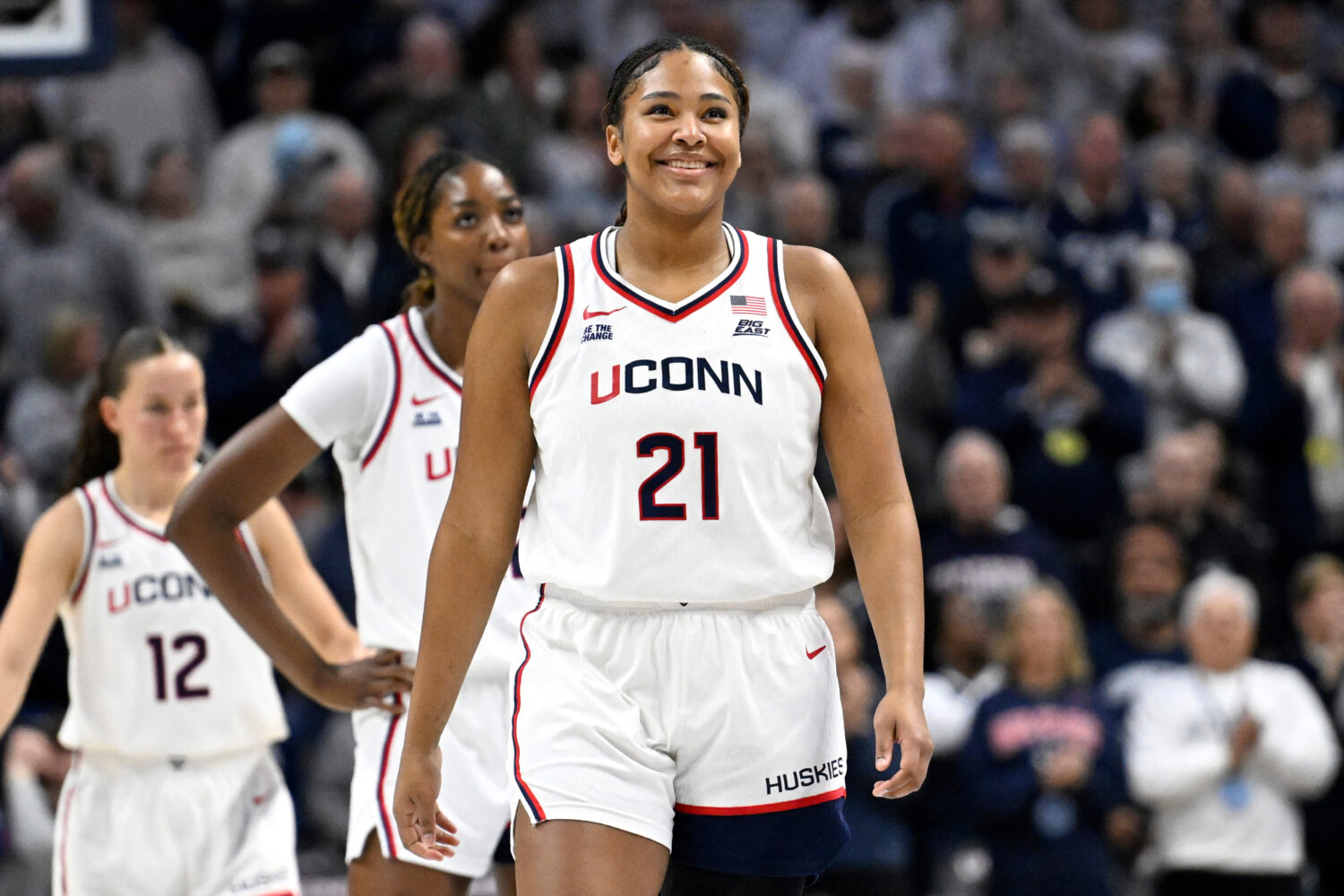 FILE - UConn forward Sarah Strong (21) in the first half of an NCAA college basketball game against...