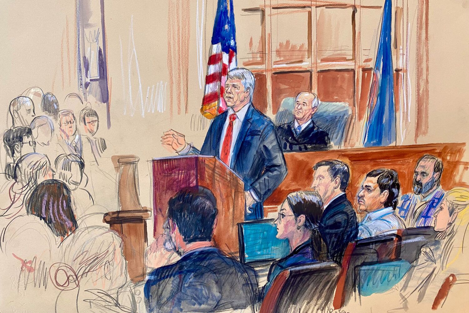 This courtroom sketch depicts Justice Department prosecutor John Gibbs speaking as defense attorney...