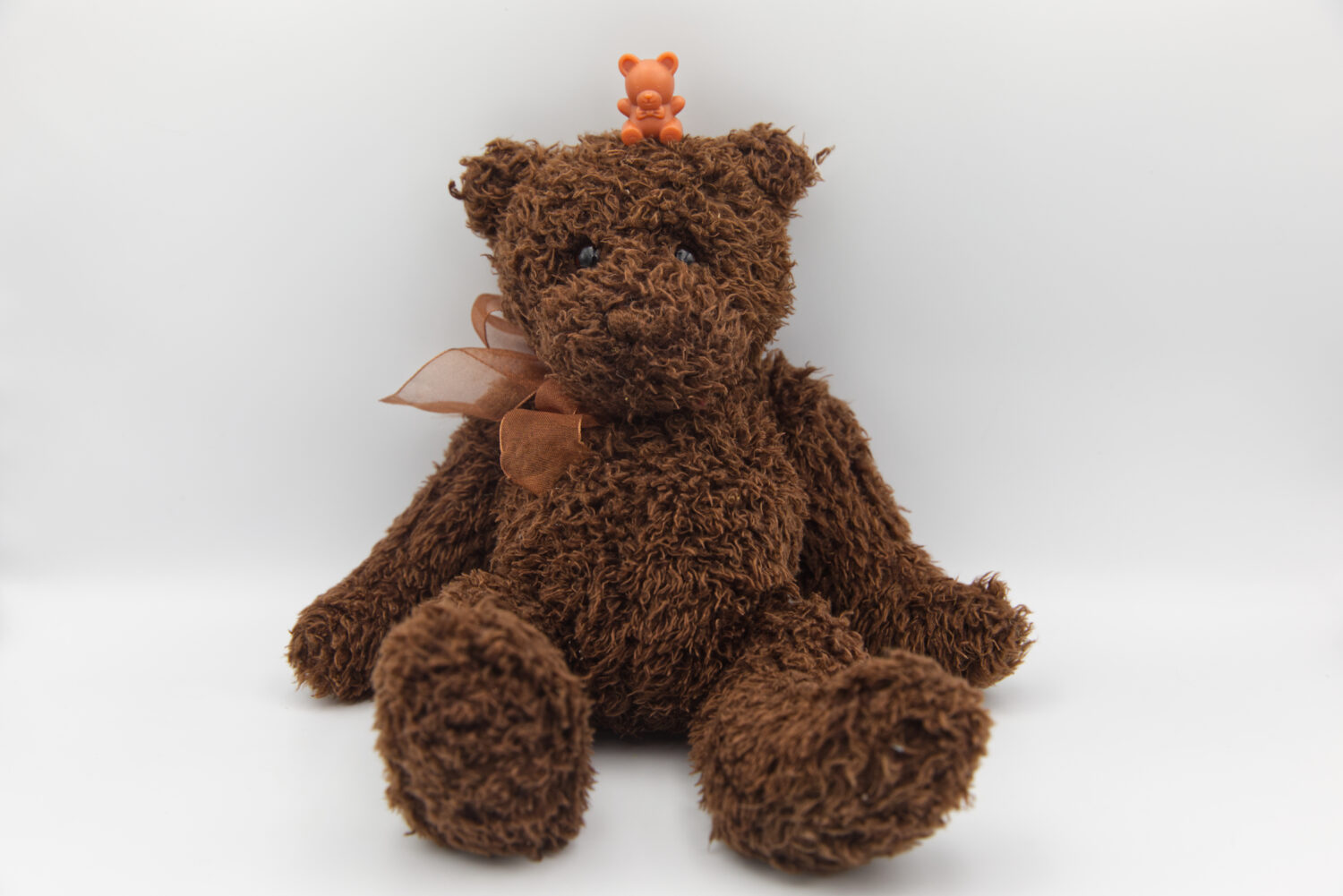 A miniature plastic teddy bear sits atop a stuffed teddy bear in Phoenix, Tuesday, April 14, 2026. ...