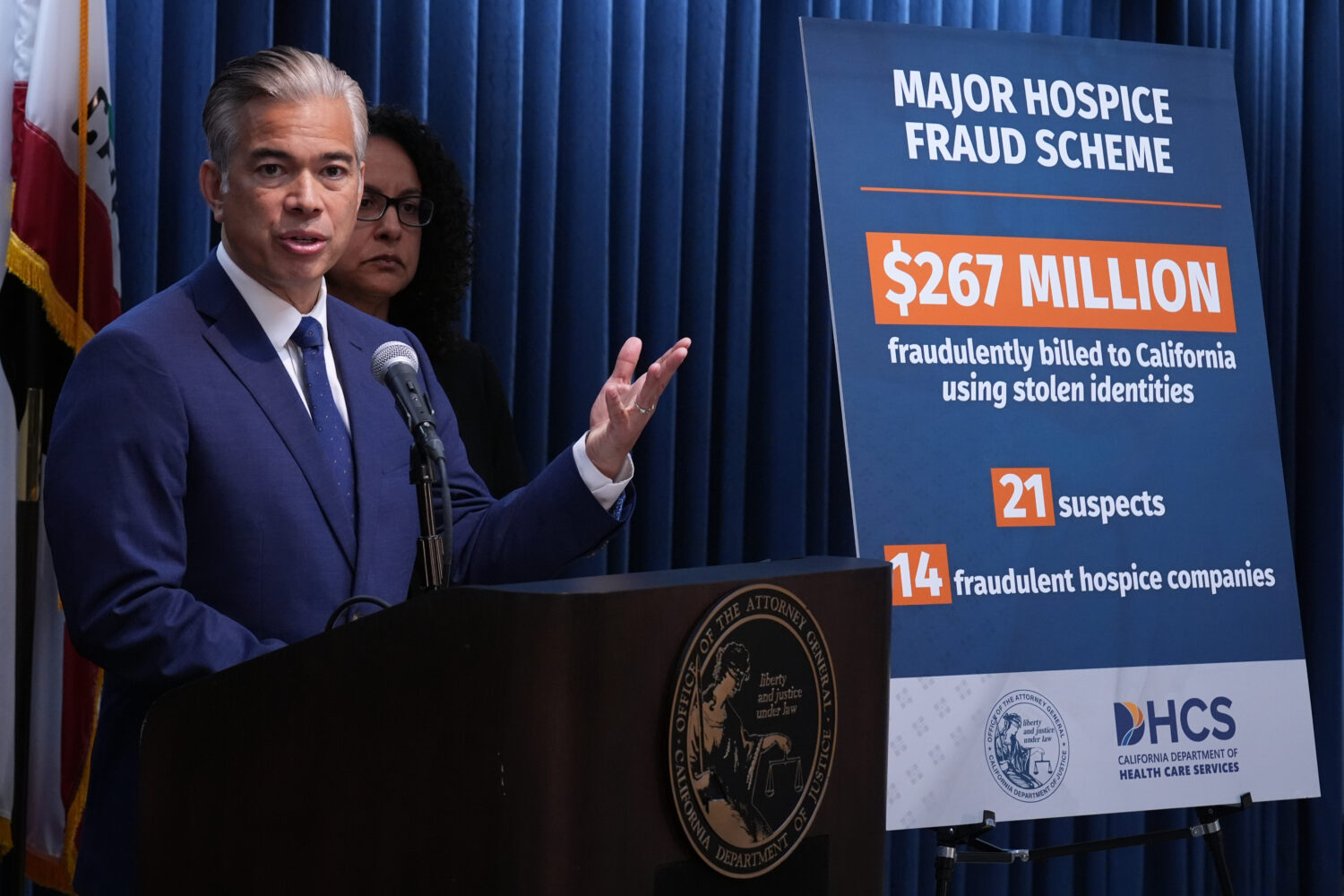 California Attorney General Rob Bonta announces the dismantling of a major hospice fraud scheme tha...