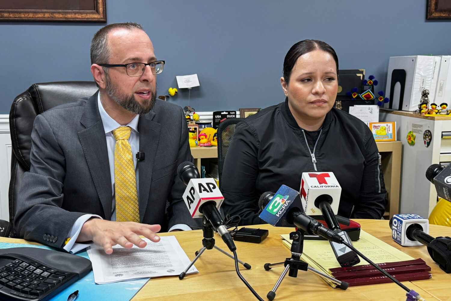 Patrick Kolasinski, attorney for Carlos Ivan Mendoza Hernandez, speaks at a news conference accompa...