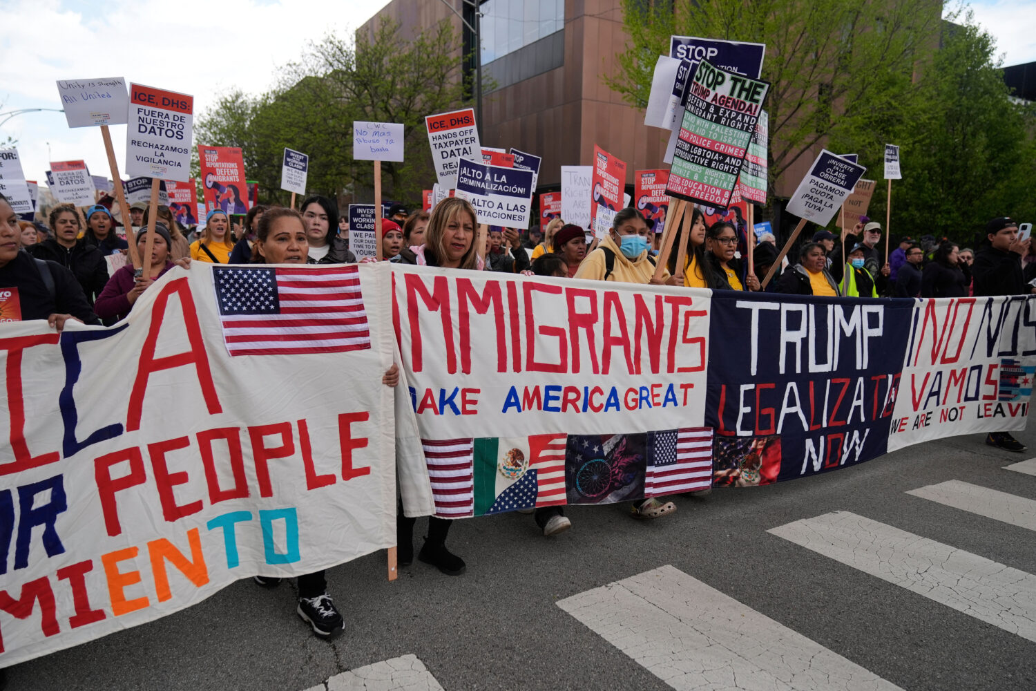 FILE - Thousands of people march in a May Day rally and protest May 1, 2025, in Chicago. (AP Photo/...