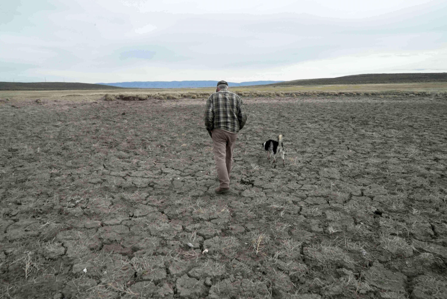 FILE - Philip Anderson walks across a dry stock pond March 31, 2026, in Walden, Colo. (AP Photo/Bri...