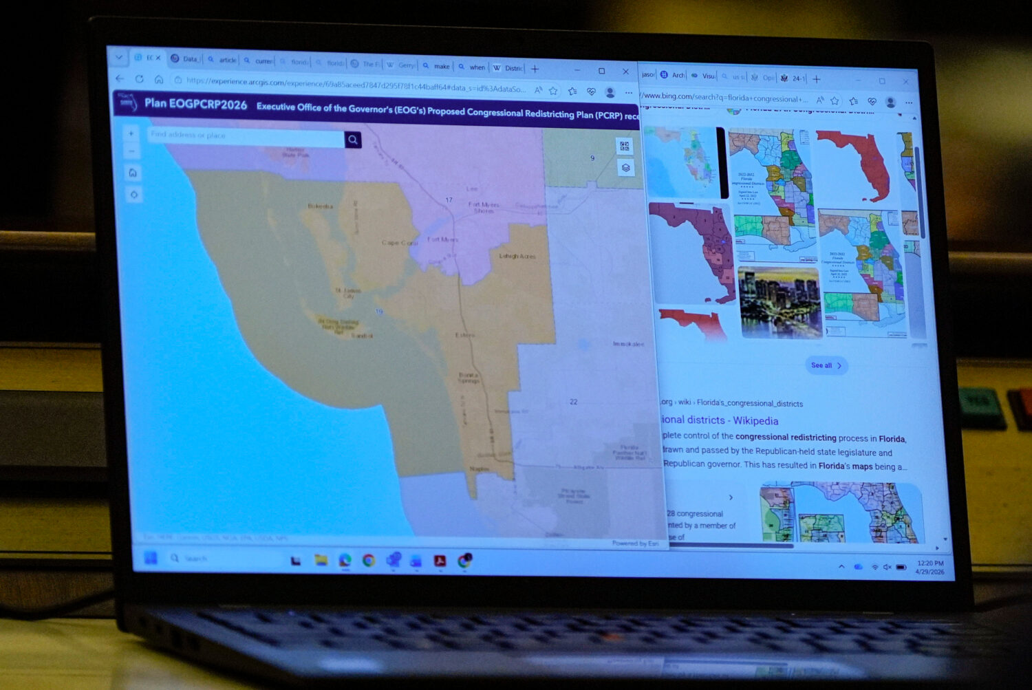 A state Senators laptop displays a proposed Congressional Redistricting Plan during debate on SB 8-...