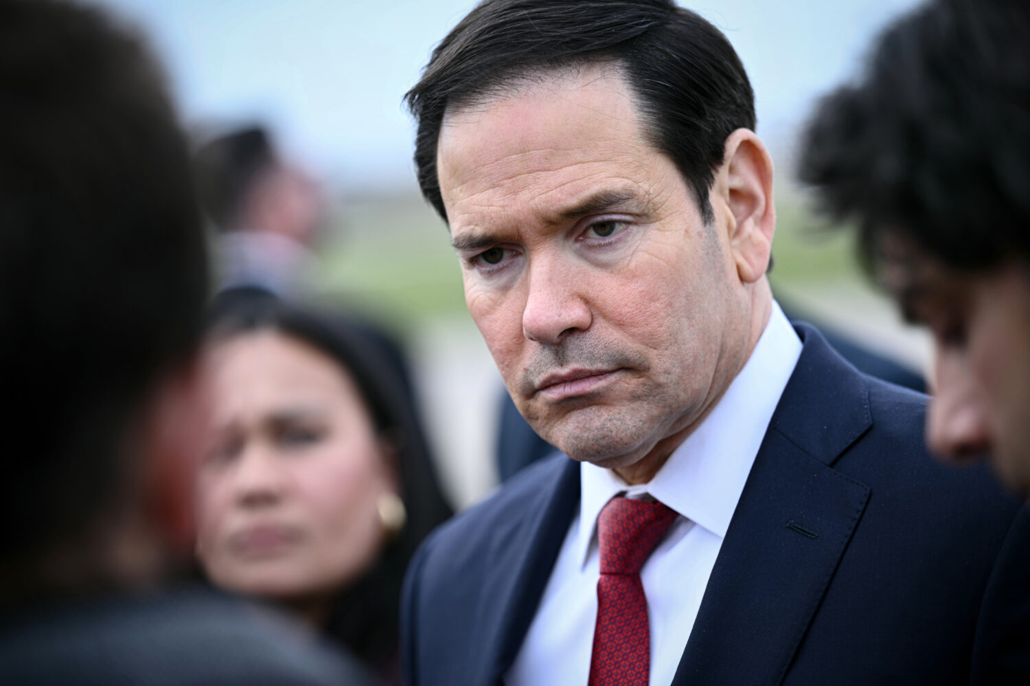 US Secretary of State Marco Rubio looks on as he speaks to the press following a G7 Foreign Ministe...