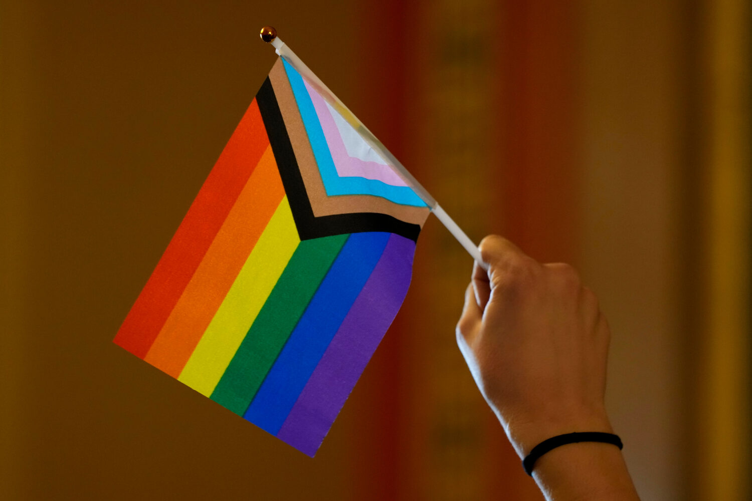 FILE - An LGBTQ+ rights supporter holds a flag in the hallway outside an Iowa House Judiciary subco...