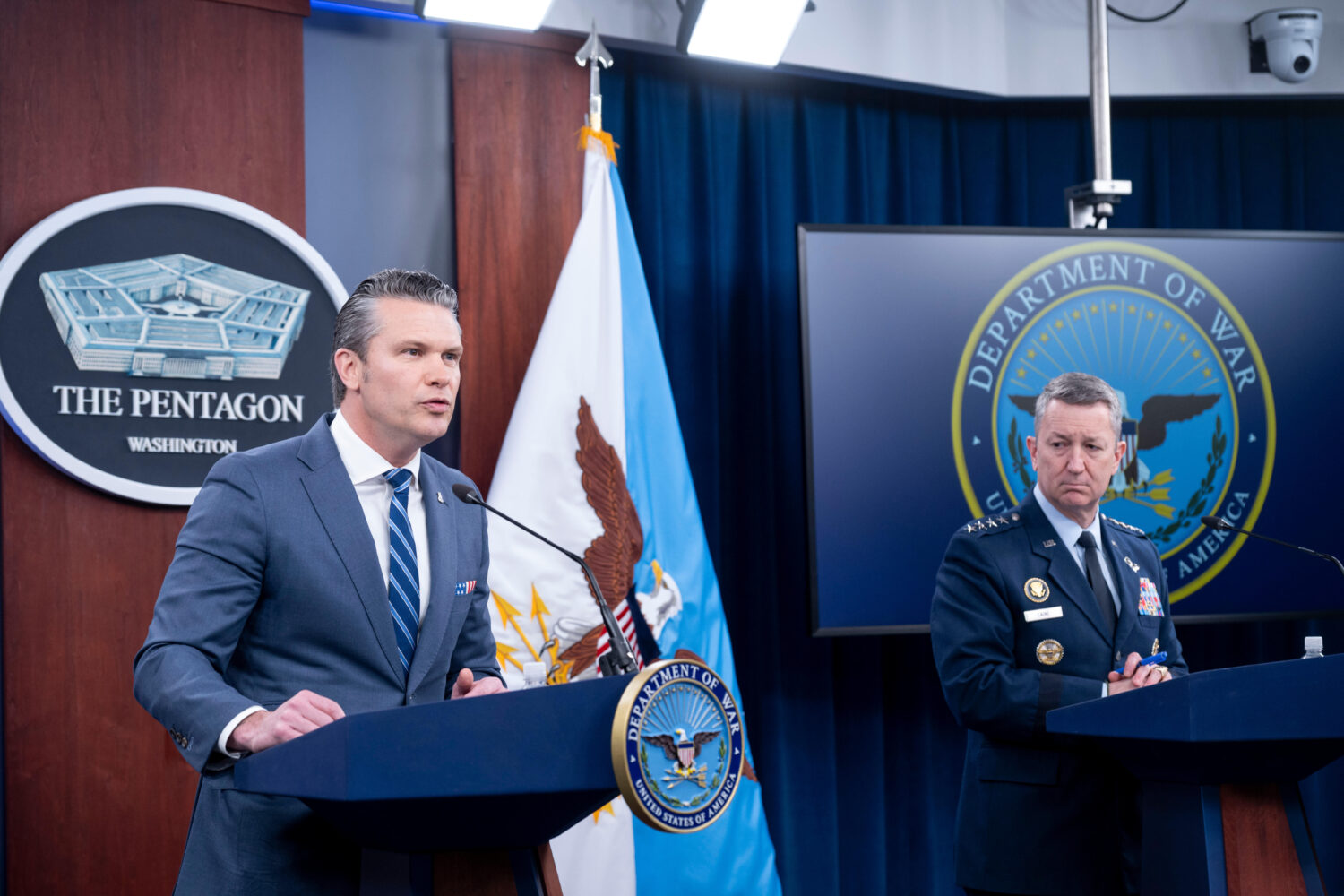 Defense Secretary Pete Hegseth and Chairman of the Joint Chiefs of Staff Gen. Dan Caine speaks to m...