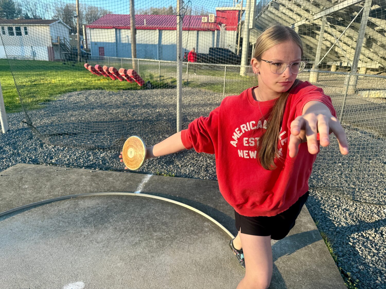 Becky Pepper-Jackson is shown practice throwing the discus Tuesday, April 7, 2026, at Bridgeport Hi...