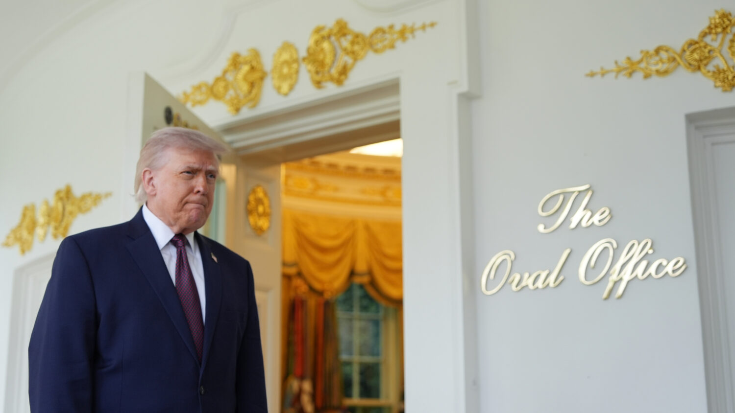 President Donald Trump speaks outside the Oval Office of the White House, Monday, April 13, 2026, i...