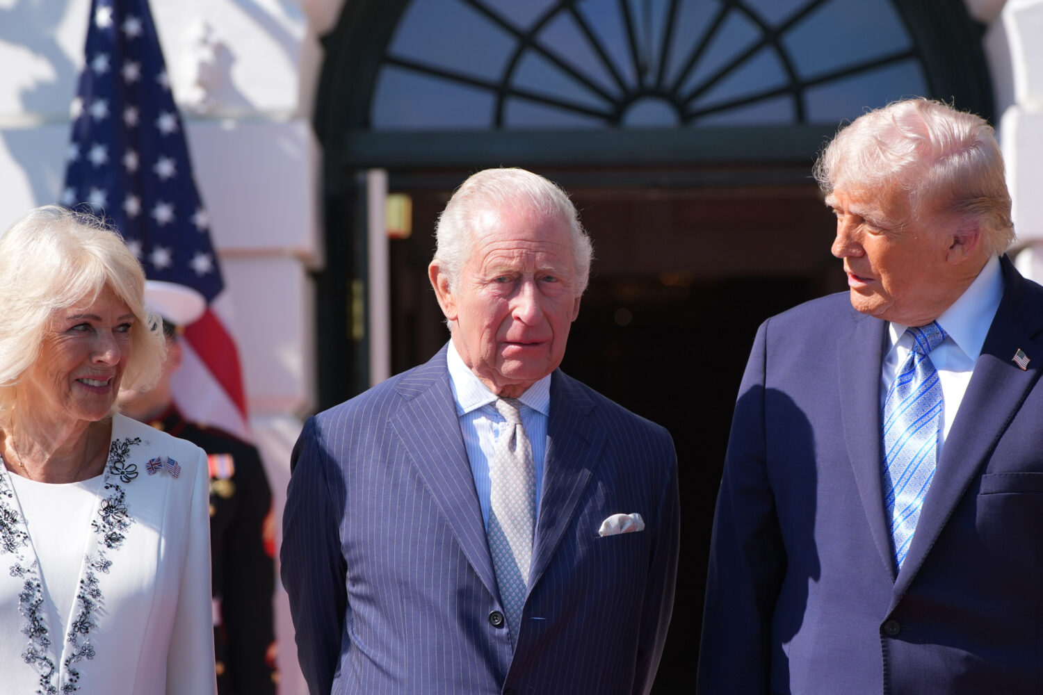 President Donald Trump and first lady Melania Trump greet Britain's King Charles III and Queen Cami...