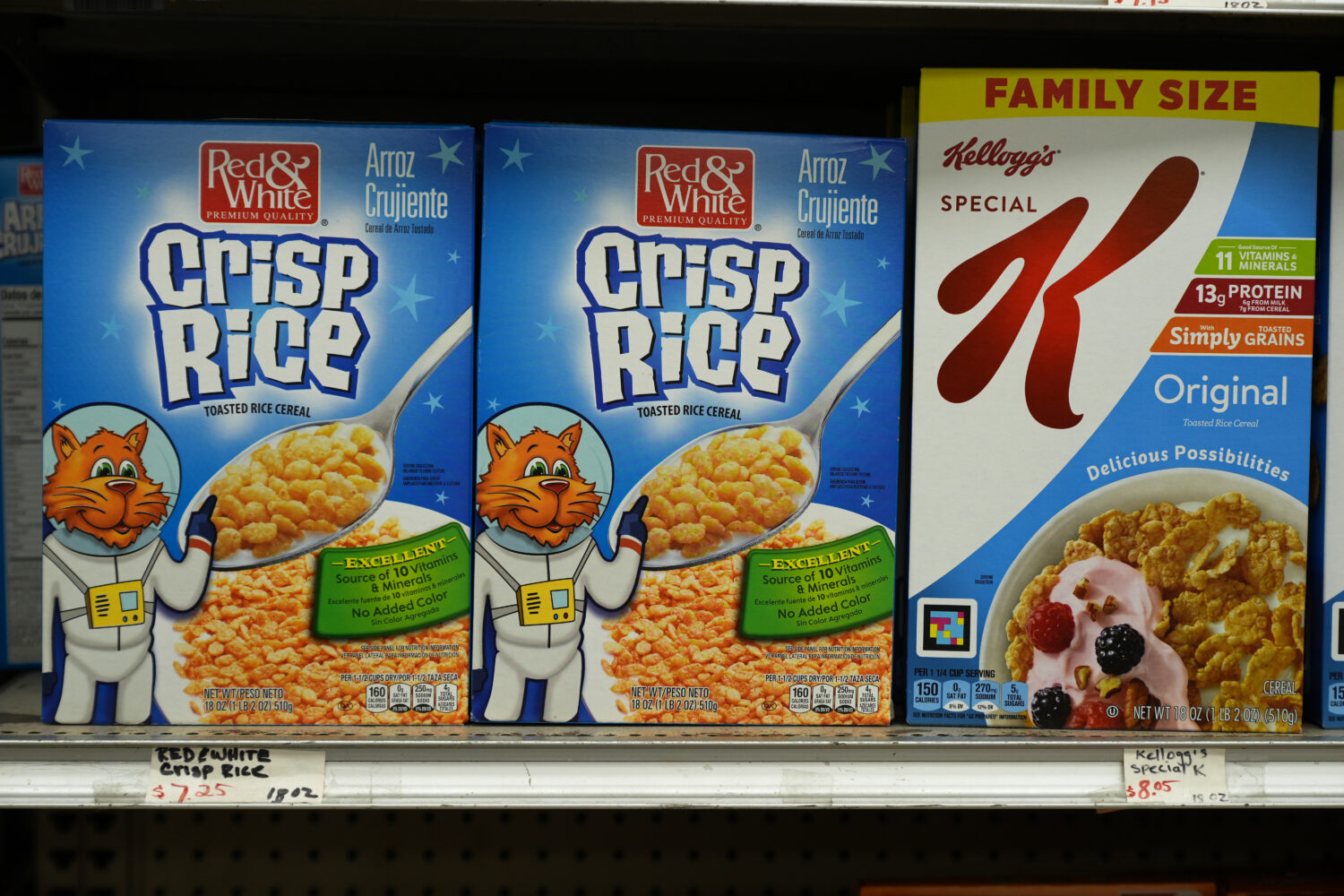 Red & White Crisp Rice cereal is sold for $7.25 per 18-ounce box at a market serving the Central Am...