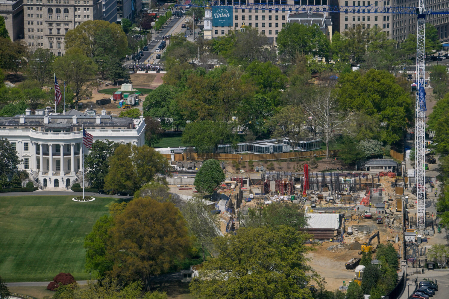 Work continues on the construction of the ballroom at the White House, Thursday, April 9, 2026, in ...