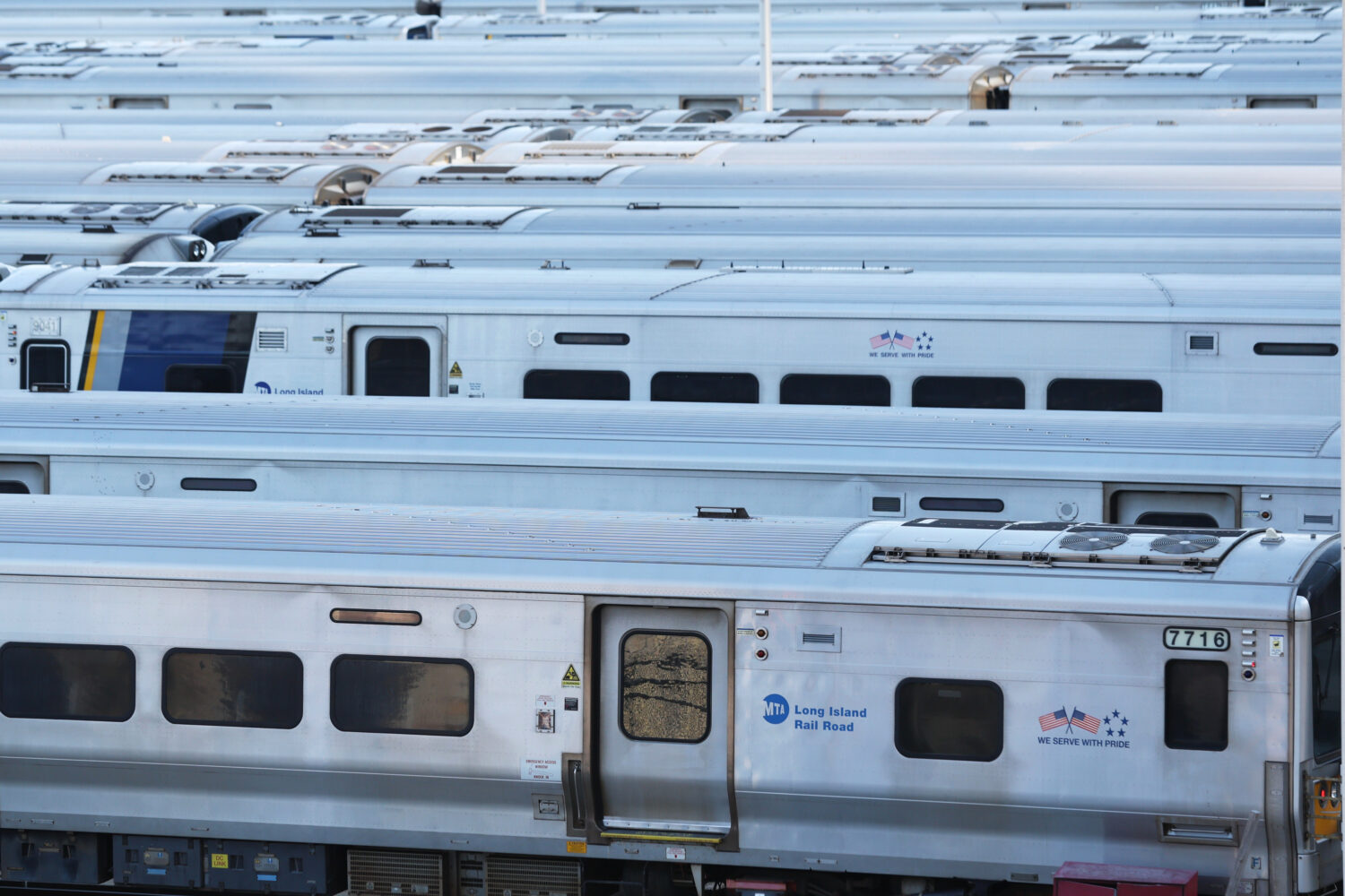 Long Island Rail Road trains sit in the West Side Yard on the first day of a strike, Saturday, May ...