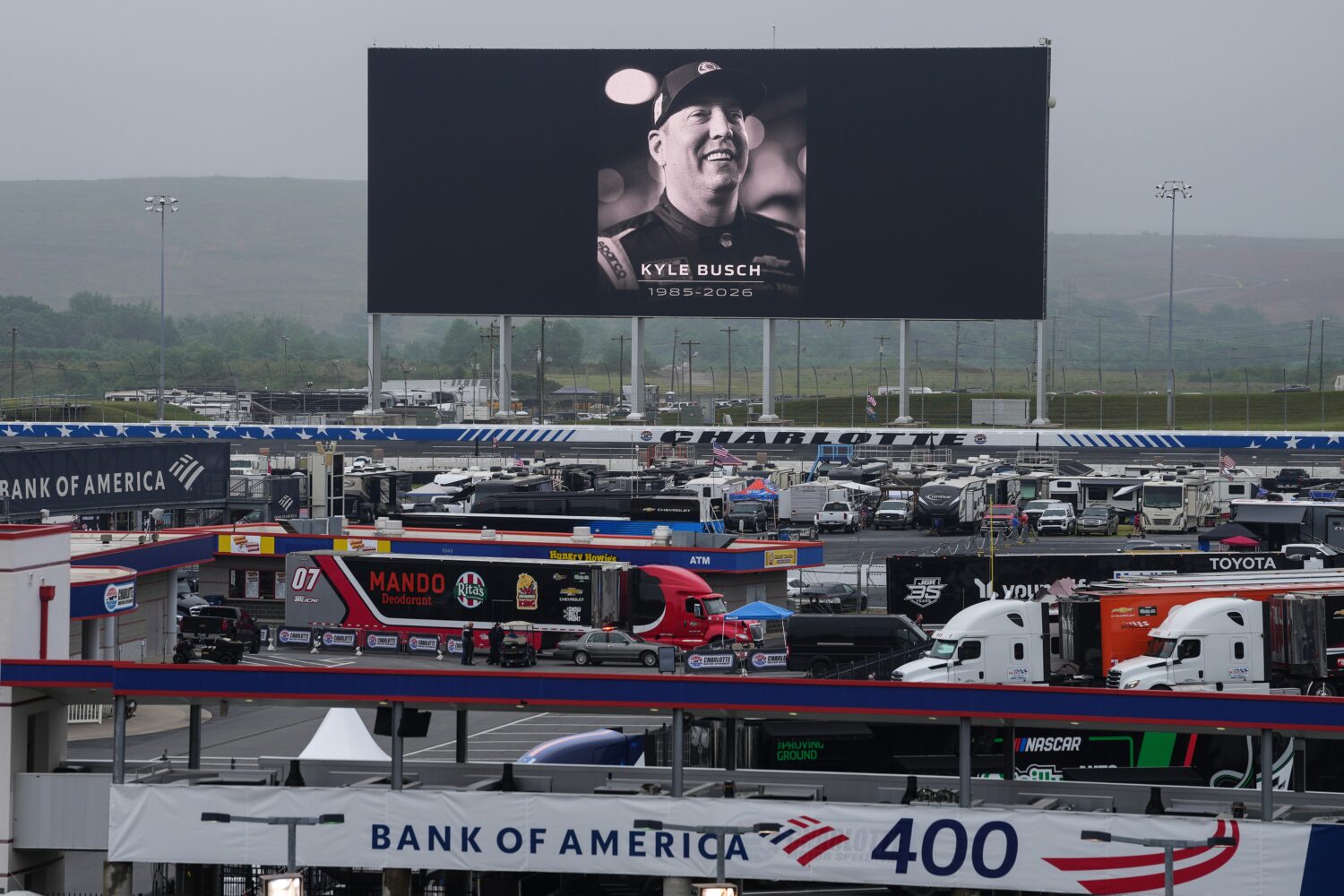 An in memoriam photo of former driver Kyle Busch is displayed on the video board of the backstretch...